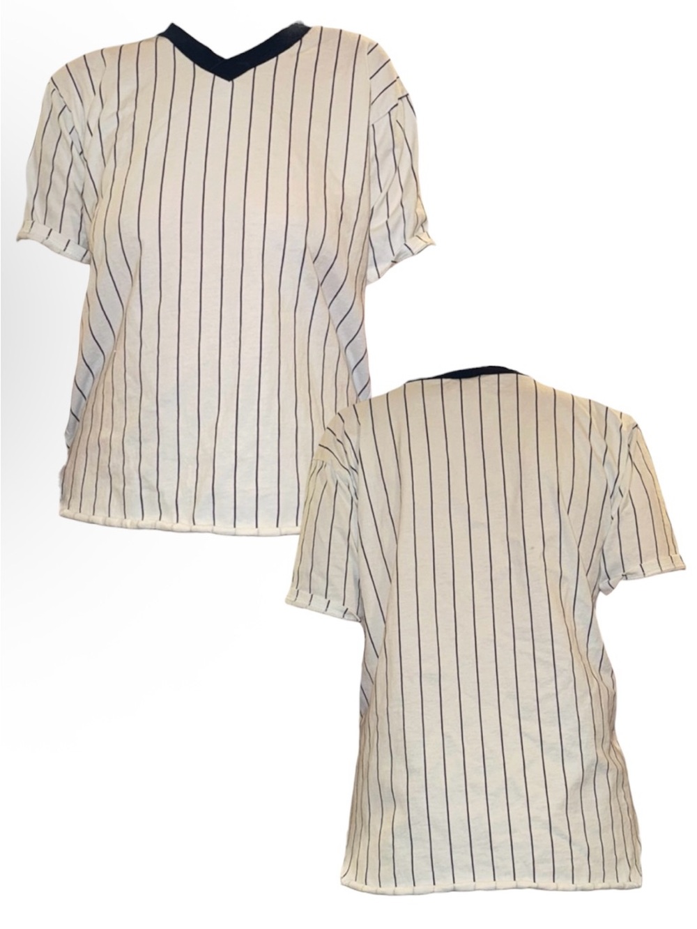 Striped V-Neck Relaxed Tee - White with Navy Pinstripes